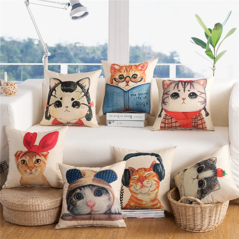 

Lovely Cartoon Cat Printed Sofa Cushion Cover Cotton Linen Chair Seat Waist Home Decor Throw Pillowcase