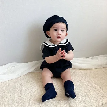 Tutina Estiva 2026 Nuova per Neonata a Maniche Corte in Cotone, Stile Preppy con Colletto alla Marinara, Tinta Unita, Abbigliamento Neonato 0-24M