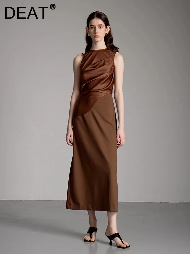 

DEAT Fashion Elegant Women's Dress Split Pleated Patchwork A-line Slim Solid Color Waist Vintage Dresses 2024 Summer New 35Z313
