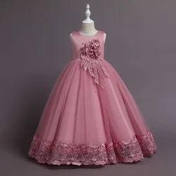 Elegant Long Flower Bridesmaid Dress for Girls - Children’s Wedding & Prom Gown (Dark pink)