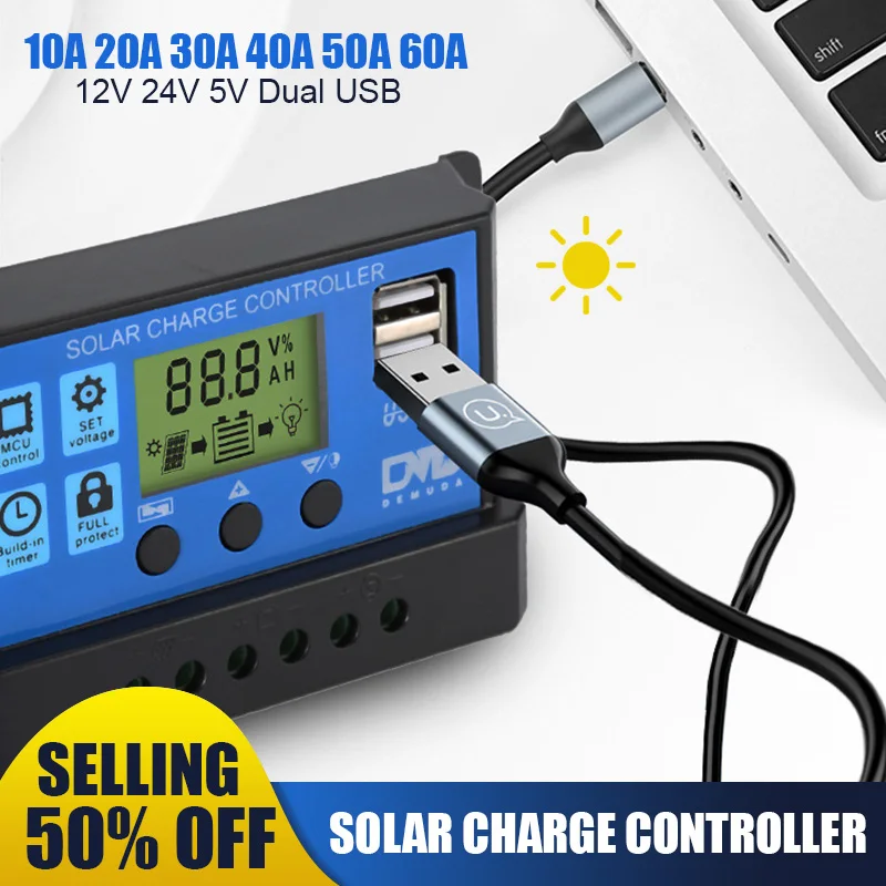 Solar Controller 12V/24V 100A 60A 50A 40A 30A 20A 10A Solar Regulator PWM Battery Charger LCD Display Dual USB 5V Output solar charger,solar battery charge controller