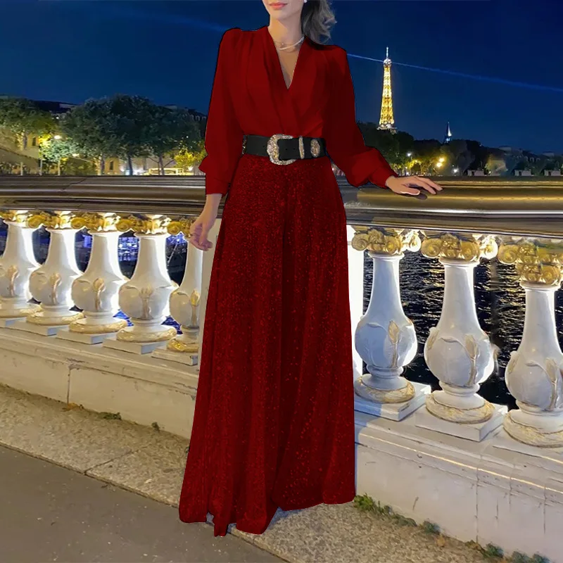 Fashion Slimming Sequin Wide Leg Jumpsuit Autumn Fashion Splic Shirt Big Hem Luxurious Party Jumpsuits Loose Rompers No Belt