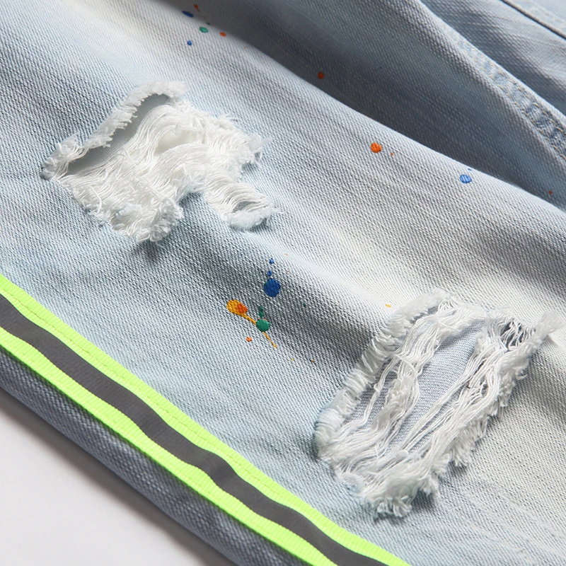 Summer New Mens Ripped Short Jeans Brand Clothing Bermuda Cotton Side Stripe Fluorescent Shorts Breathable Denim Shorts