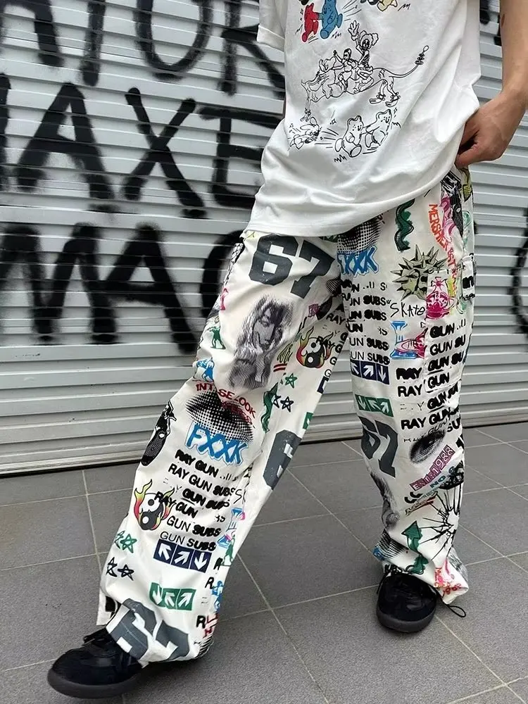 Mens Y2K Streetwear American Style Graffiti Cargo Pants Men Letter  
