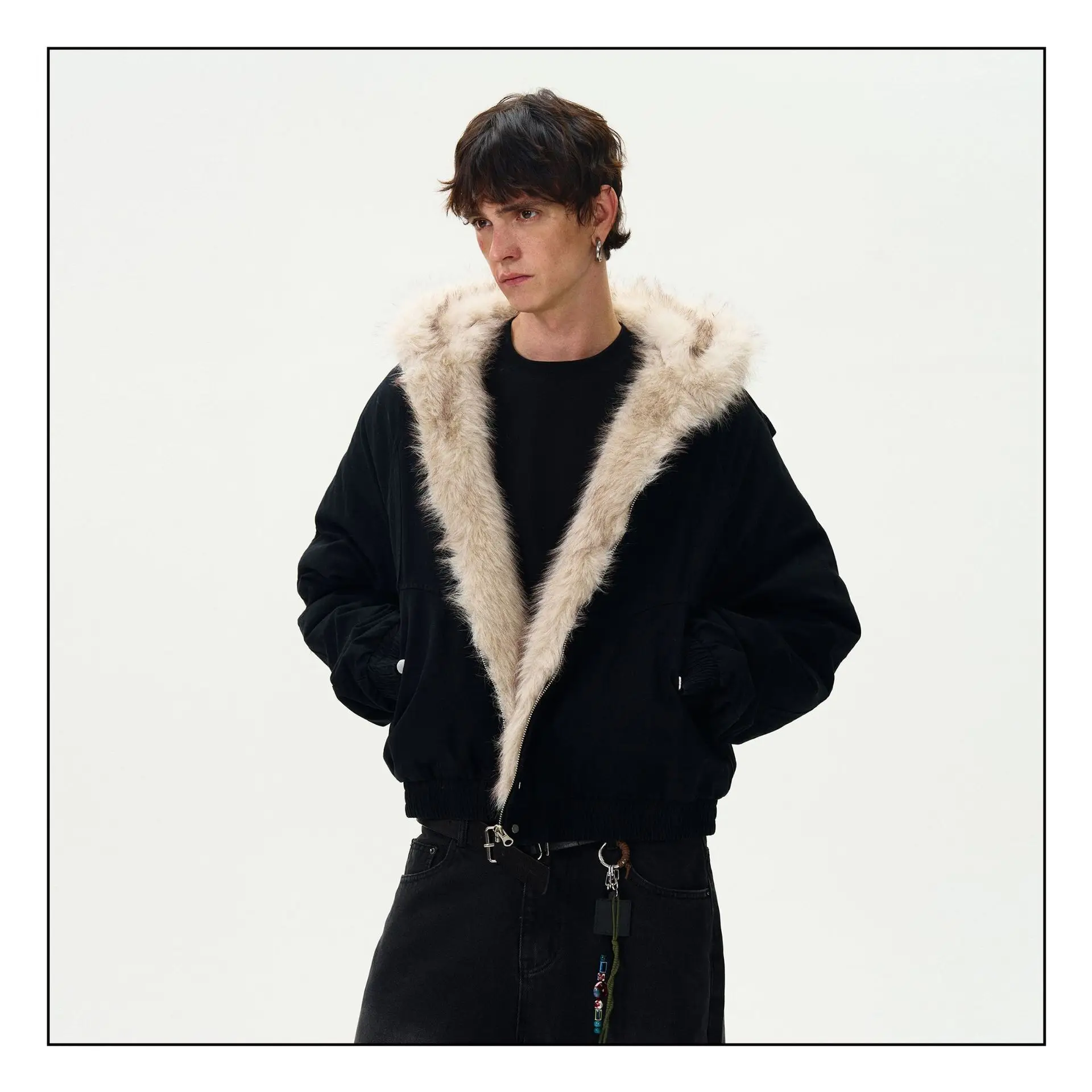 PFNW Patchwork Fur Collar Cotton Jacket Autumn Winter New Men's Hooded Long Sleeved Short Cardigan Coat 28L1106