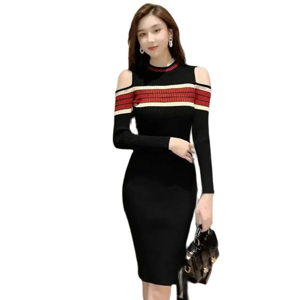 

Fall/winter Fashion Striped Off-the-shoulder Knit Dress2024 New Button Split Slim Bottoming Hip Knee Leisure Long Skirt Women.