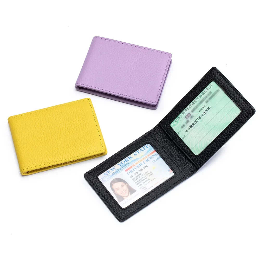 Thin Minimalist Bifold Design Driver's Licence Cover Genuine Leather ID Badge Window Slot Credit Debit Vaccinum Cards Holder