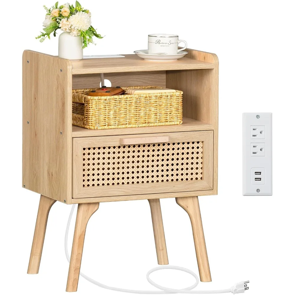 

Rattan Nightstand with Charging Station, Boho Side Table with Drawer Open Shelf, Cane Accent Bedside End Table with Solid