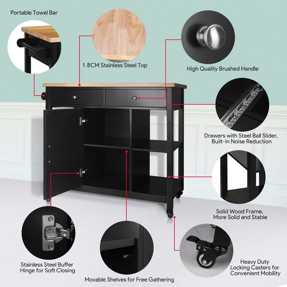 Kitchen Islands on Wheels with Wood Top Utility Wood Movable Kitchen Cart with Storage and Drawers