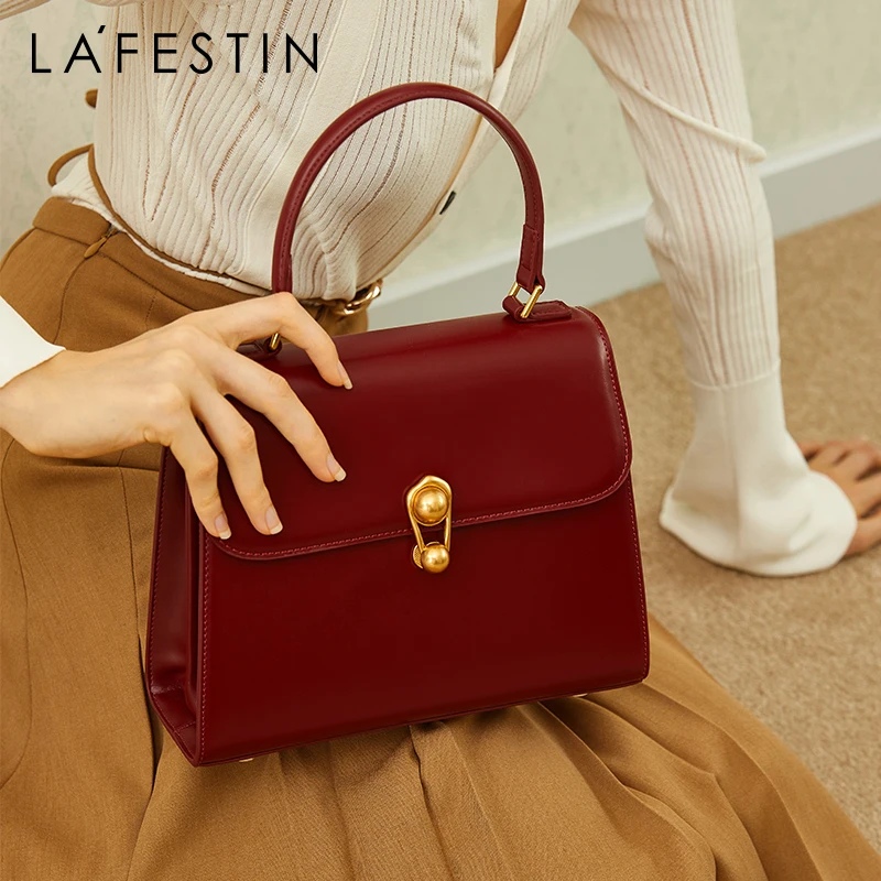 LA FESTIN Leather Top Handle Crossbody Bag – Small Women's Handbag, Detachable Strap, Wine Red