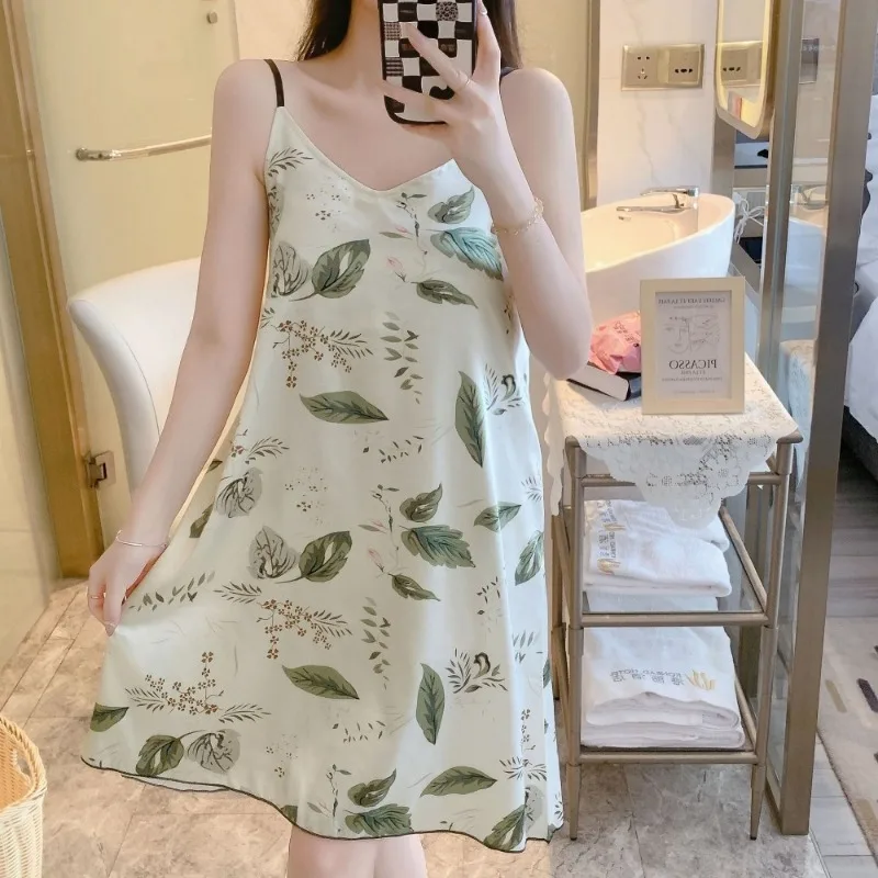 Sling Pajamas with Chest Pads Integrated Sexy Women's Pajamas Summer Ice Silk Cartoon Girl Loungewear Sexy Sleepwear