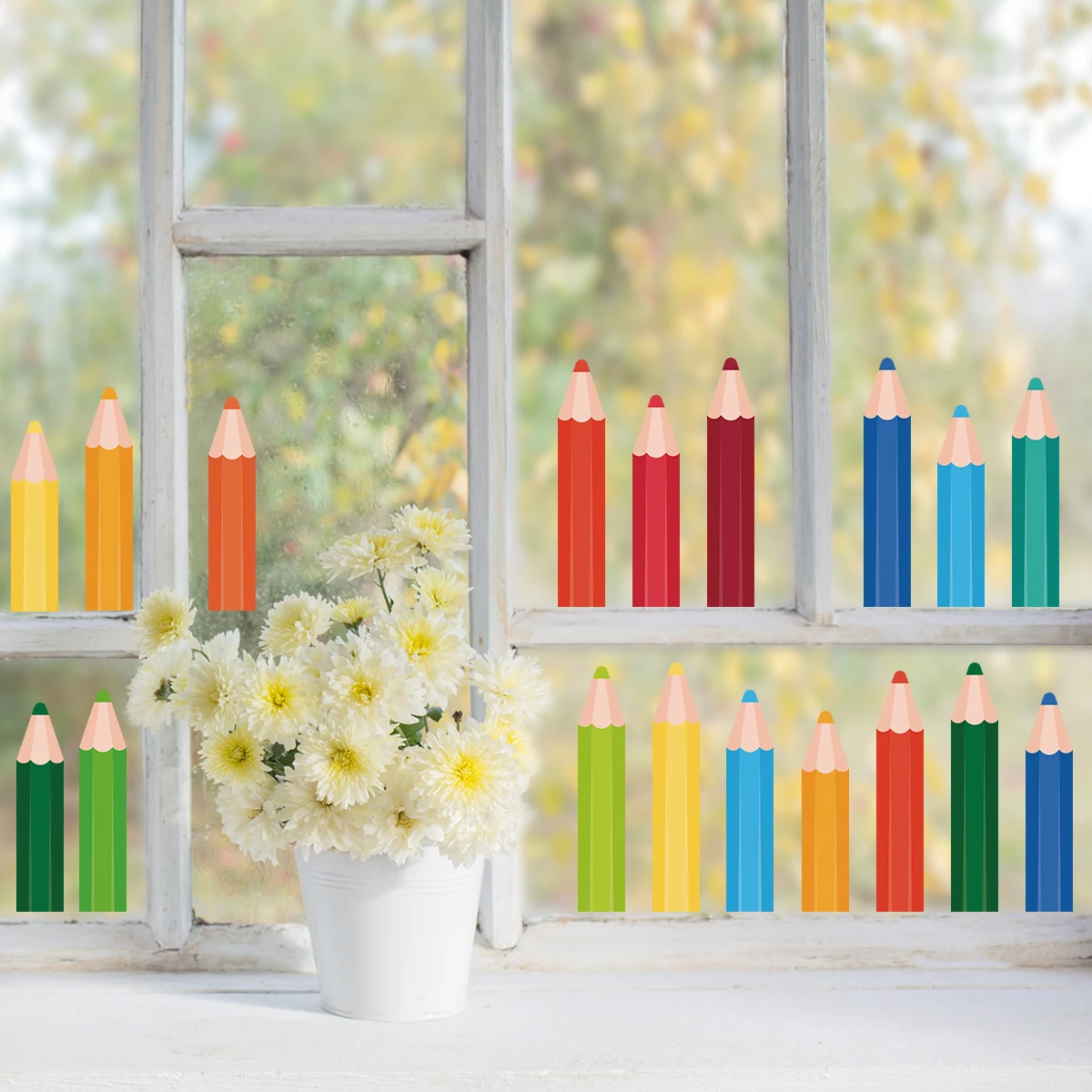 Cartoon Pencil Crayon Paint Brush Windows Stickers 3pcs For Classroom Kids Bedroom Decoration Wall Decals Baby Nursery
