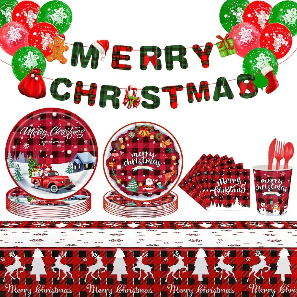 

New Christmas Themed party Disposable Tableware Cups Plates Straws Tablecloths Christmas Balloons Banner Baby Shower Decoration