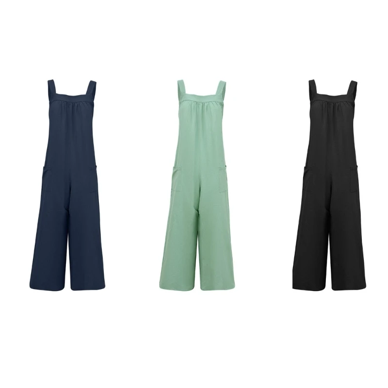 

Womens Summer Casual Loose Sleeveless Jumpsuits with Pockets Long Baggy Pant Romper Solid Color Wide Leg Bib Overalls 10CE