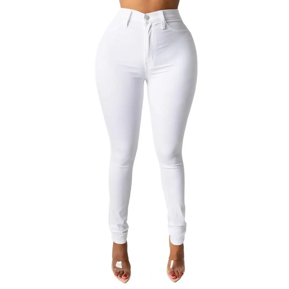 Women Jeans High Waist Women's Skinny Fit Washed Jeans with Zipper Button Fly Pockets Solid Color Denim Pencil for Streetwear 2