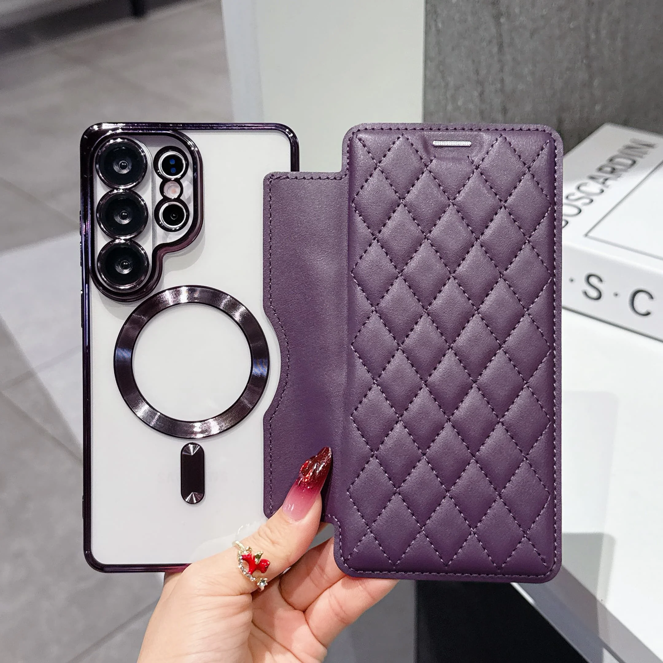 Premium PU Leather Magnetic Flip Wallet Case with Card Slots and Wireless Charging Compatibility