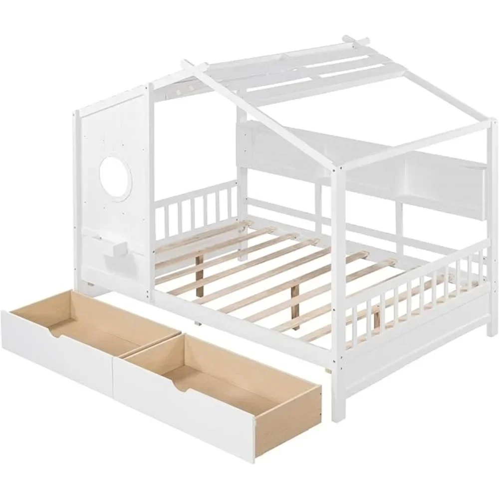 Bed for Kids Wooden Kids Bed with Storage Drawers and Bookshelf Built in Window Box Design Cute for Kids Toddler Boys Girls