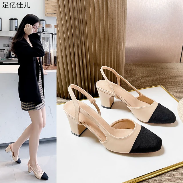 Women's High Heels Natural Genuine Leather Slingbacks Shoes Thick