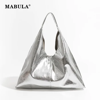 Mabula große silberne Marke Hobo Tasche für Frauen Luxus Designer Leder Trigle Geldbörse Trend Casual Shopper Handtasche einfarbig