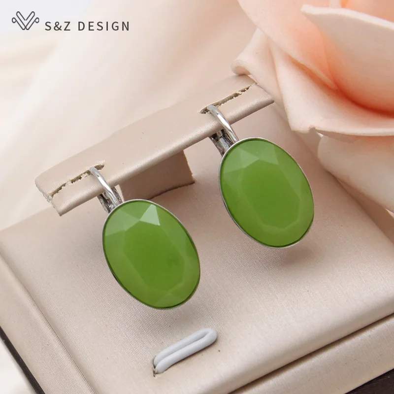 S&Z DESIGN New Fashion Oval Vintage Egg Shape Imitation Jade Glass Dangle Earrings For Women Wedding 585 Rose Gold Color Jewelry