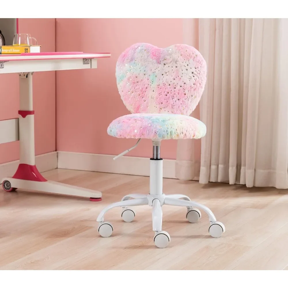 Desk Chair Faux Fur Study Chair for Teenage Girls, Adjustable Heart Shaped Kids Vanity Chair for Bedroom Reading Living Room 2