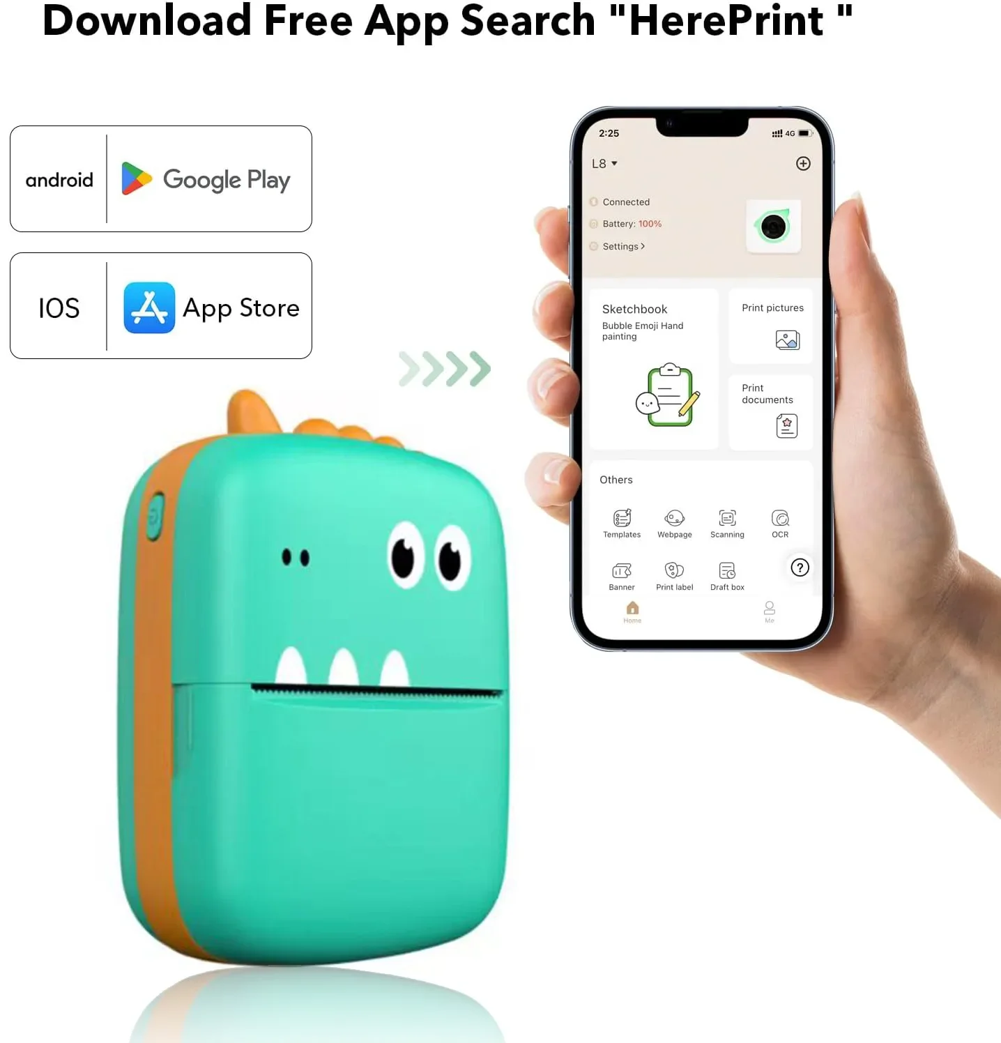 휴대용 열전사 미니 포토 포켓 프린터 무선 BT 203dpi 사진 라벨 메모 오답노트 인쇄 USB 케이블 포함 어린이 선물