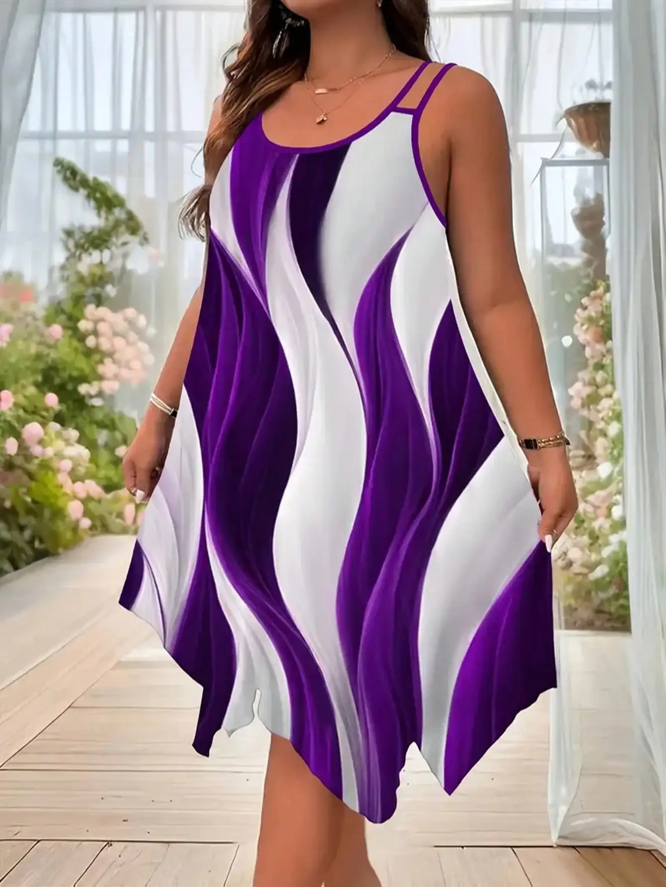 Plus-size women's fashion asymmetrical geometric stripes printed double strap dress 2