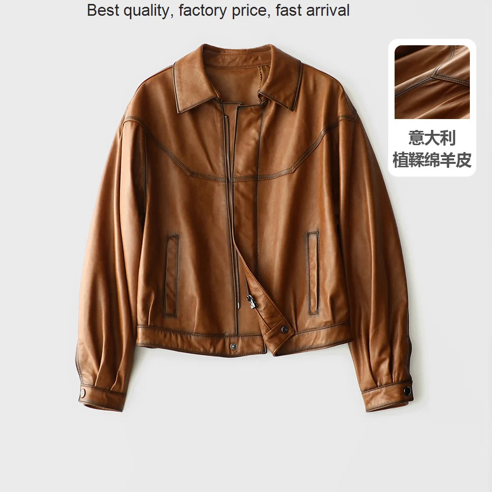 

High quality luxury brand Italian oil wax vegetable tanned sheep skin baseball suit white caramel brown leather coat for women i