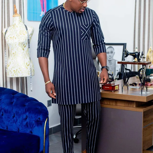 Olajide 2 Piece Dashiki Short Sleeve Striped Shirt and Pant - Image 2