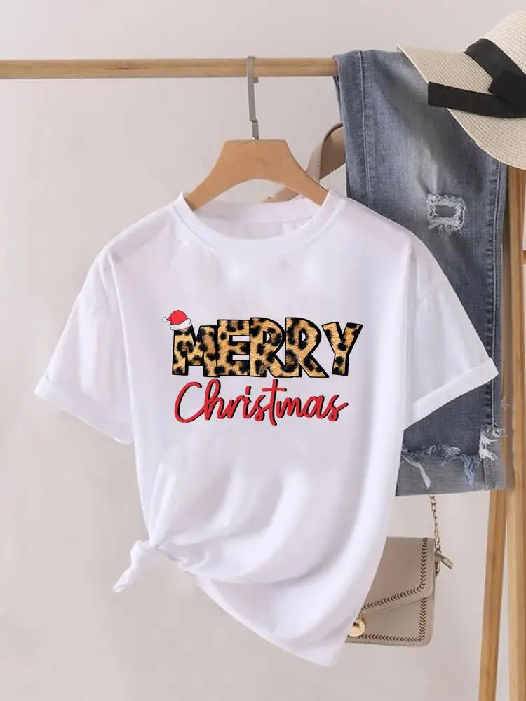 

Leopard Letter Merry Christmas Clothing Lady New Year Short Sleeve Print Fashion Women Shirt Tee Top Clothes Graphic T-shirt