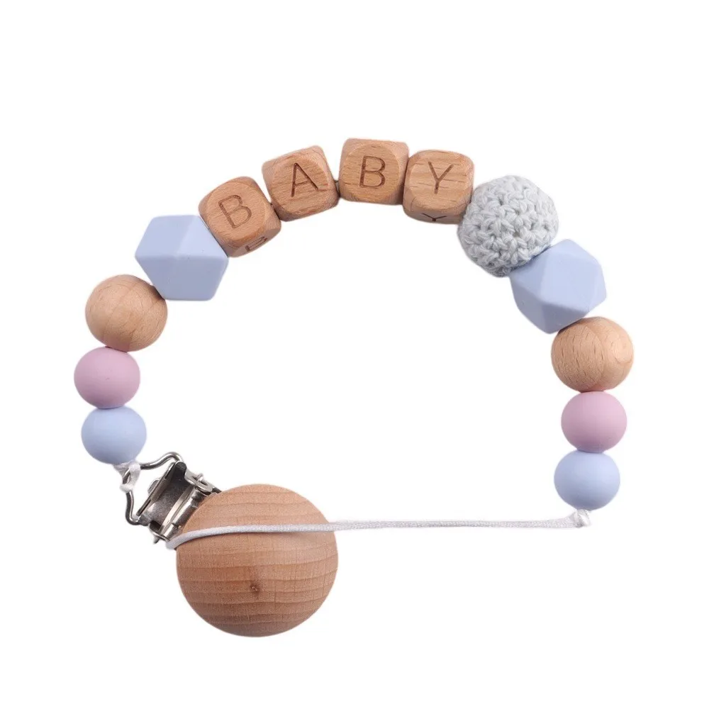 Personalized Name Baby Pacifier Clip with Wooden Alphabet Beads, Anti - Drop Soother Holder