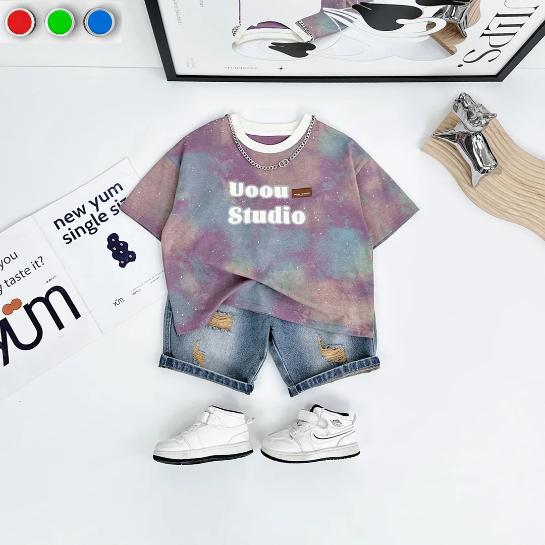 

Корейский детский комплект одежды, летняя детская одежда, футболка с коротким рукавом и джинсовые шорты для мальчиков, костюм из двух предметов