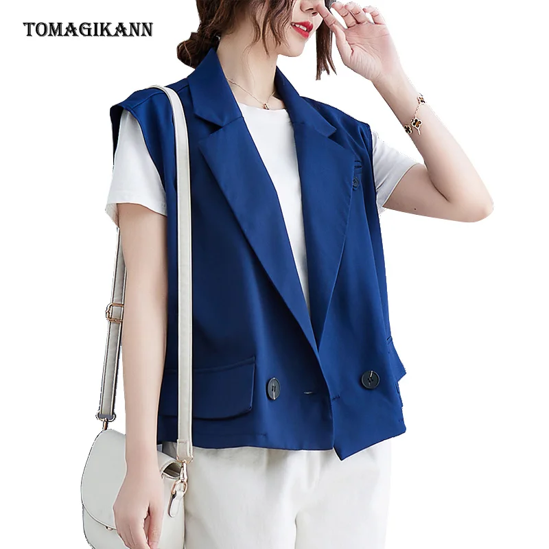 

Solid Sleeveless Women Blazer Summer Notched Collar Double Breasted Short Style Female Vests Casual Gilet Femme Tops