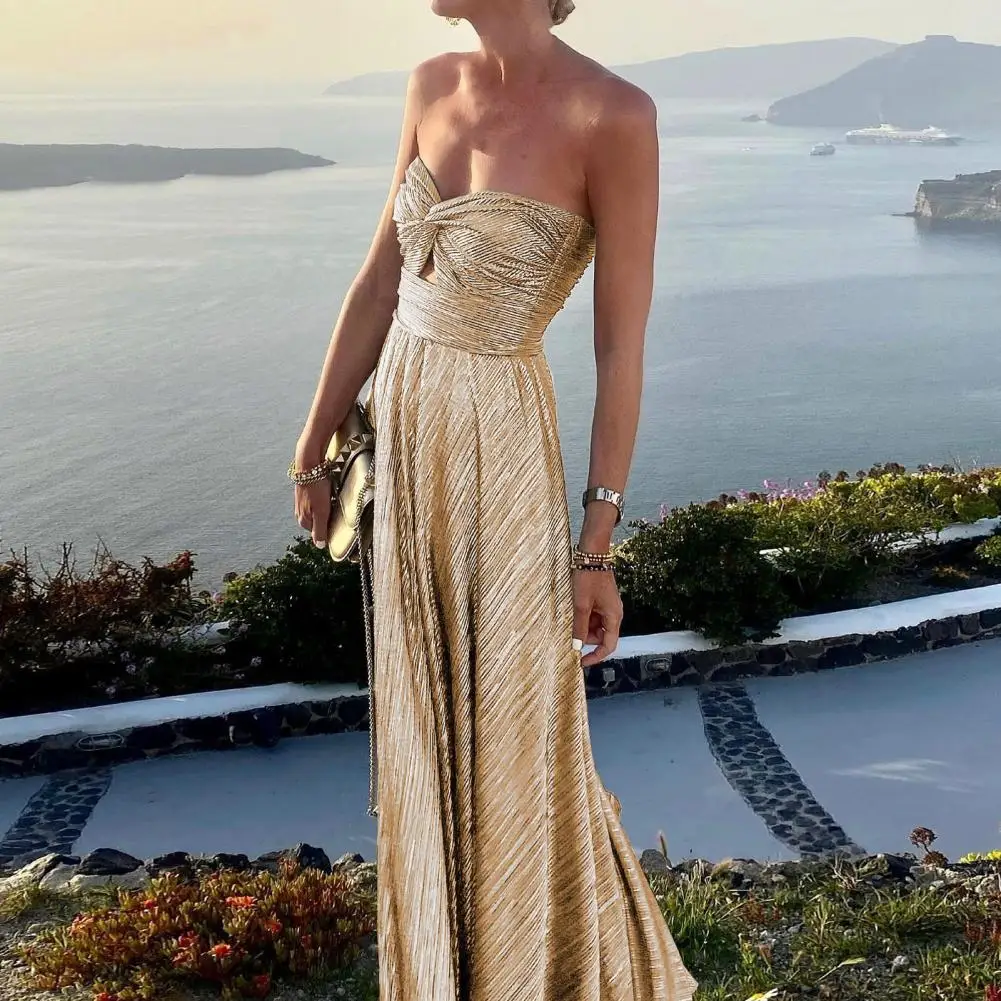 

Elegant Sequin Evening Dress Bronzing Backless Large Hem Maxi Dress Knot Chest Wrapping Off Shoulder Gown Dress Women's Dresses