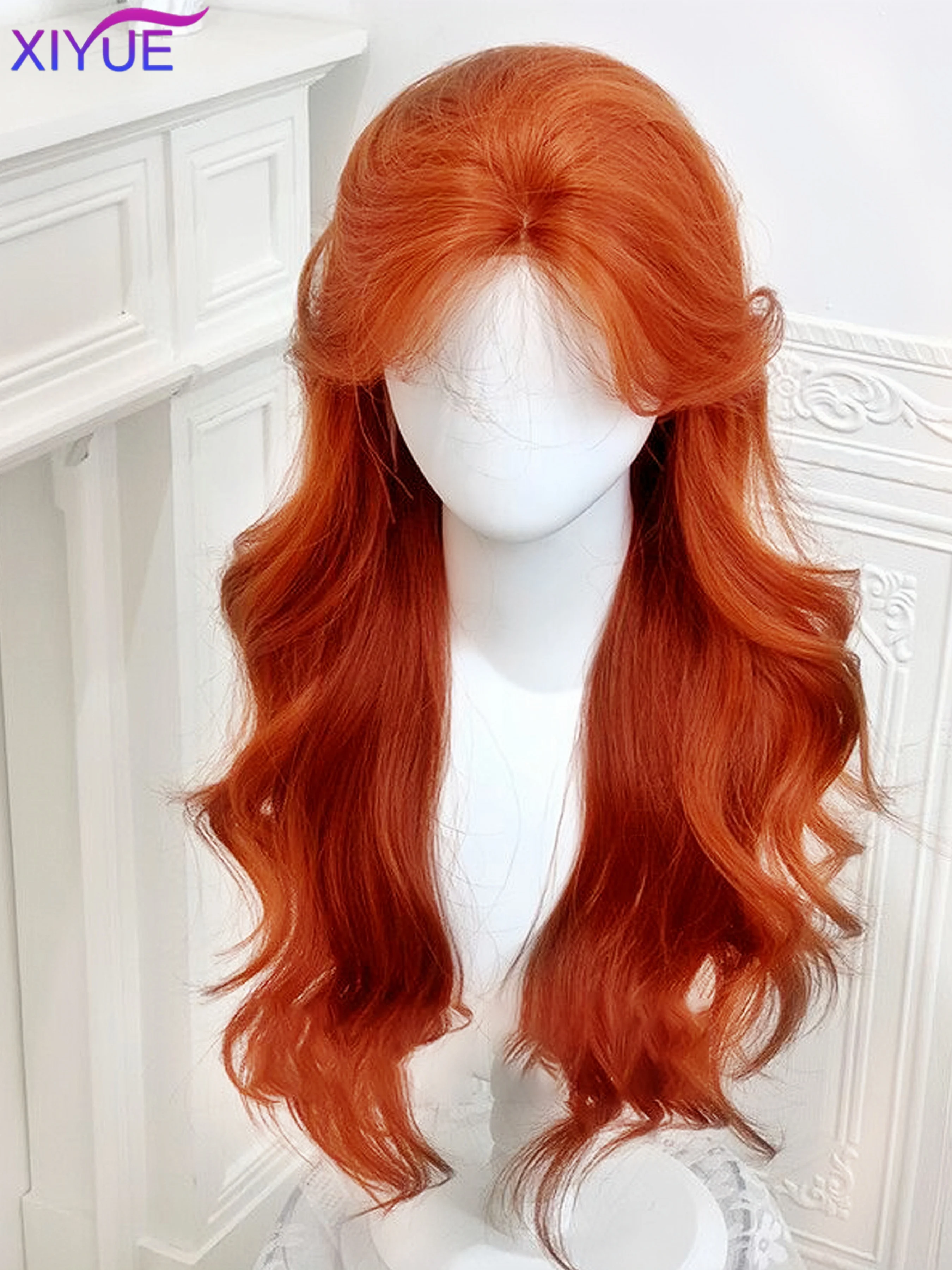 Red Brown Copper Ginger Long Straight Synthetic Lace Front Wigs for Women Natural Wave Wigs with Bangs Cosplay Heat Resistant