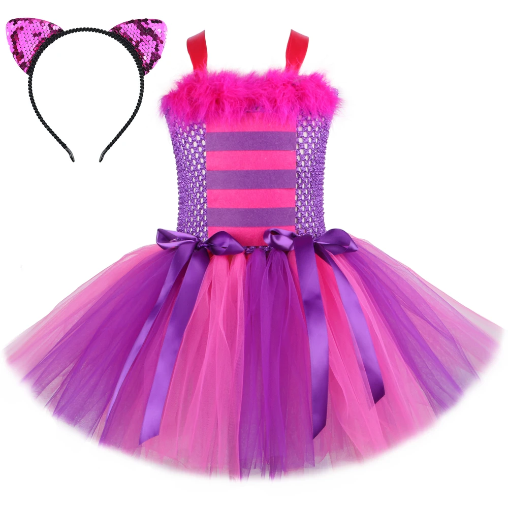 

Alice In Wonderland Cheshire Cat Girls Tutu Dress Hot Pink Purple Cartoon Tulle Girls Party Dress Kids Halloween Cosplay Costume