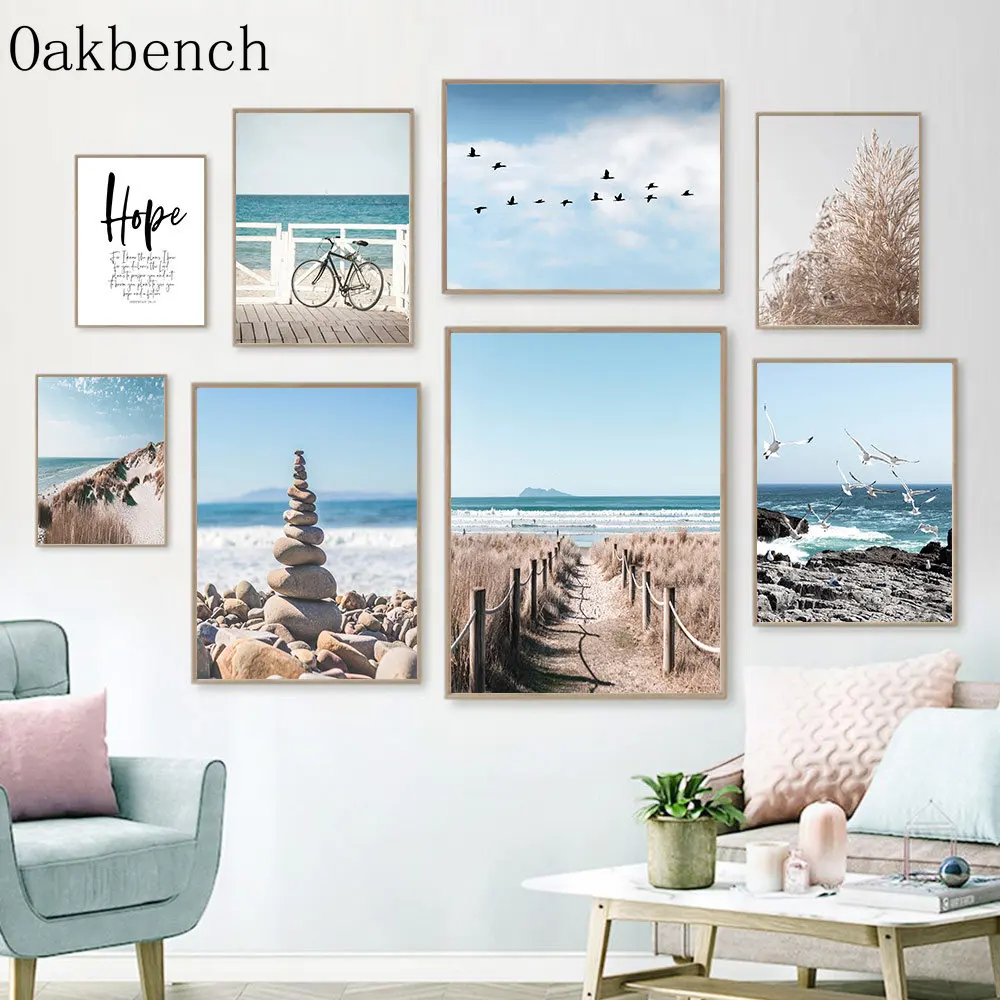 Paesaggio Poster Bike Wall Art Sea Beach Art Prints Stone Boat Canvas Poster Seagull Print Pictures Nordic Poster Home Decor