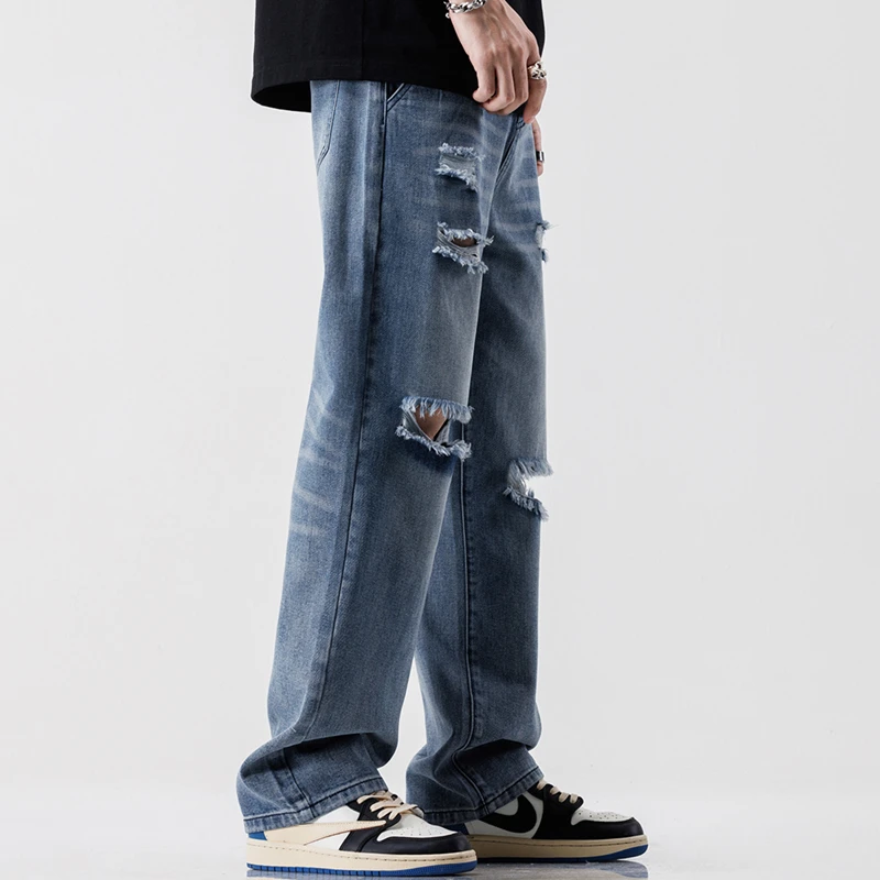 Men Fashion Vintage Jeans Streetwear Ripped Loose Hip Hop Hole Trousers Casual Straight Wide Denim Pants