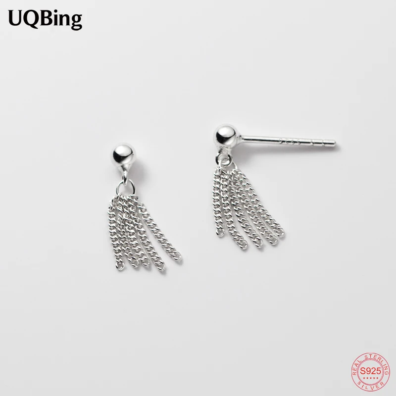

Real 925 Sterling Silver Glossy Round Ball Stud Earrings For Women Short Chain Tassel Earrings Jewelry Minimalist