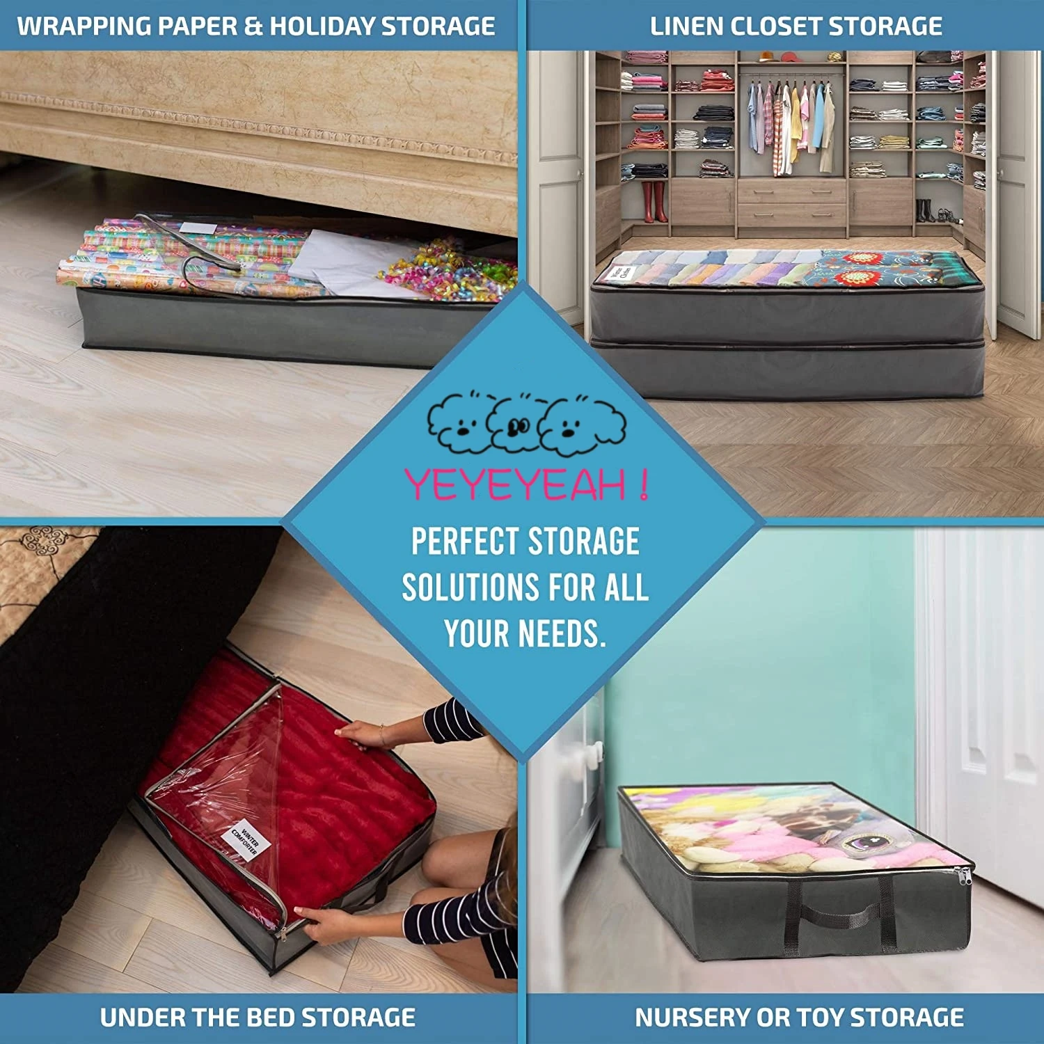 3 Under Bed Storage Containers, Toy Organizers, Underbed Shoes Closet Foldable Storage Bags for Comforter/Clothes, with Handles 6