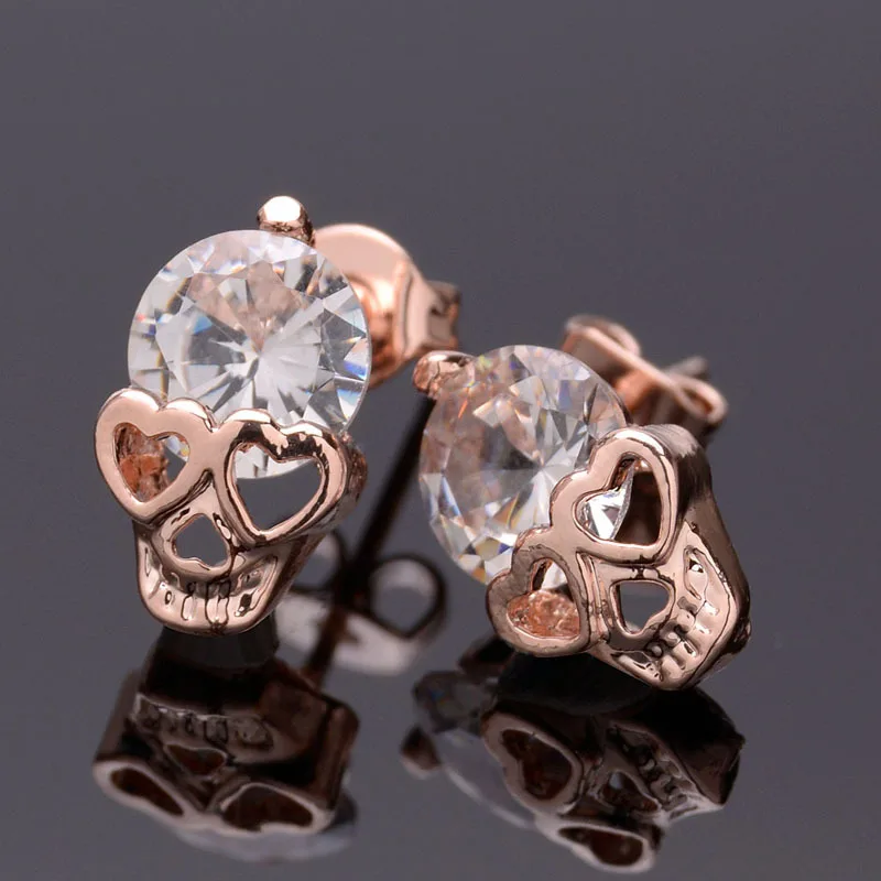 Rose Gold Color Skull Stud Earrings With Sparkling Zircon Cute Hip-Hop Style Street Punk Neutral Earrings For Couples jewelry 2