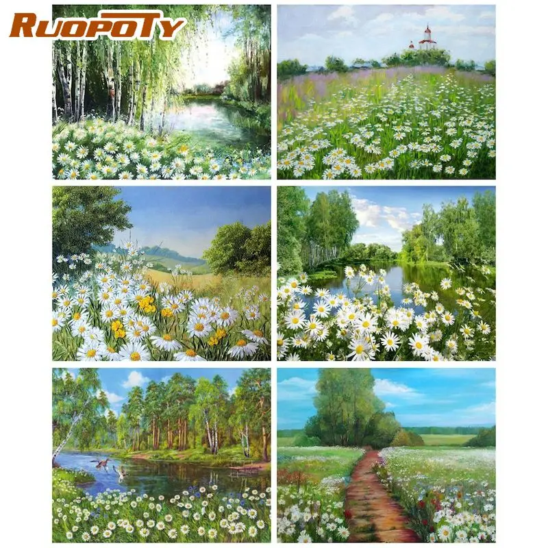 

RUOPOTY Acrylic Painting By Numbers DIY Set Canvas Painting Wild Chrysanthemum Flower Number Painting Home Decor Gift