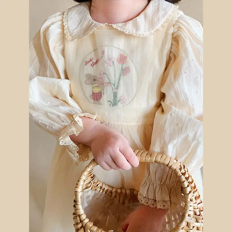 

2022 New Girl Skirt Doll Collar Embroidered Gauze Skirt Spring and Autumn Gentle and Cute Baby Girl Sweet Princess Skirt