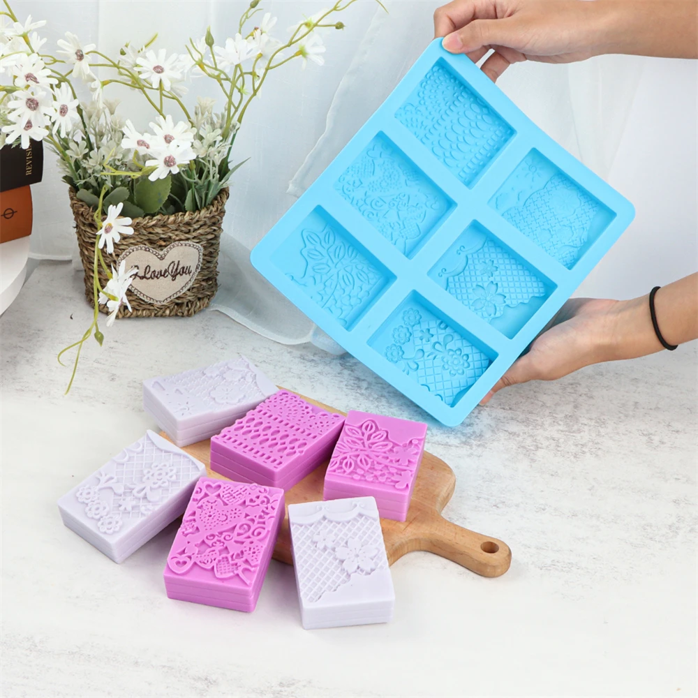 6-Cavity Silicone Soap Molds with Mixed Lace Patterns for DIY Soap Making Decor Crafts