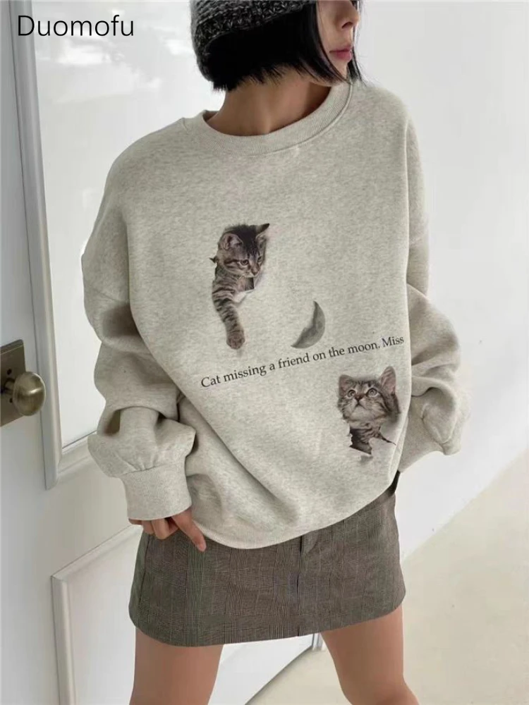 Duomofu New Harajuku Cute White Sweatshirt Women Japanese Style Cat Long Sleeve Pullover Y2k Kpop Streetwear Oversize Loose Tops