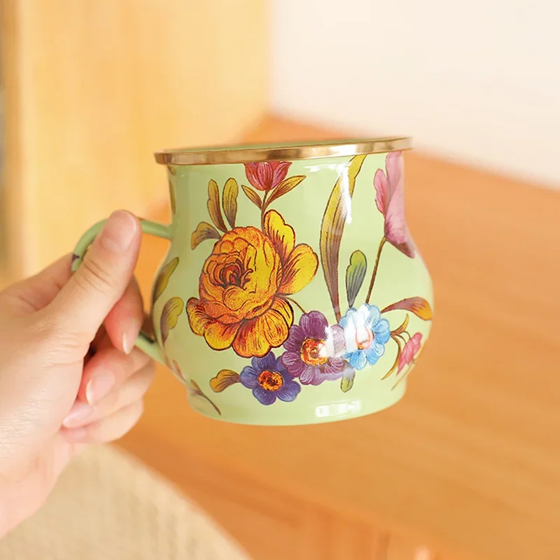 Painted Enamel Coffee Cup Mug French Retro Enamel Water Cup Flower Painted Coffee Mugs Breakfast Cup Vase Home Decor Craft Gift