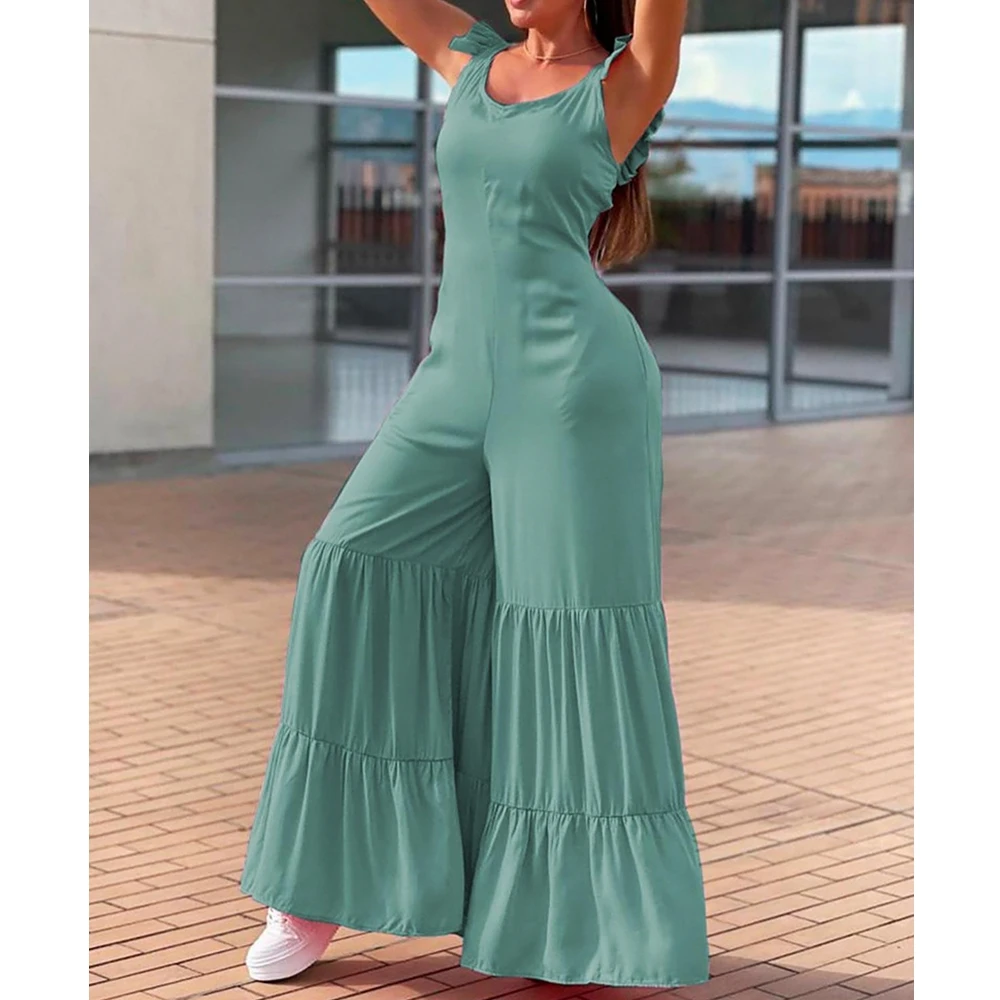

Wepbel Ruffle Sleeveless Jumpsuits Women Sleeveless Stitching Jumpsuit Rompers Solid Color Tank Tops Wide Leg Pants Jumpsuits