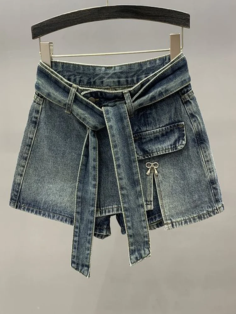 

Summer Retro High-waisted Denim Shorts Women's New Personality Fake Two-piece Tie-up Irregular Streetwear A-line Wide-leg Pants