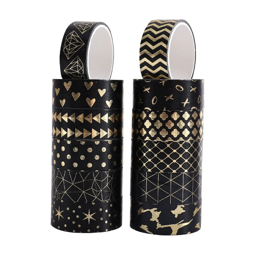 Black Gold Foil Washi Tapes Scrapbooking 12Pcs Decorative Adhesive Tape Journaling Materials School Supplies Washi Tape Set 2