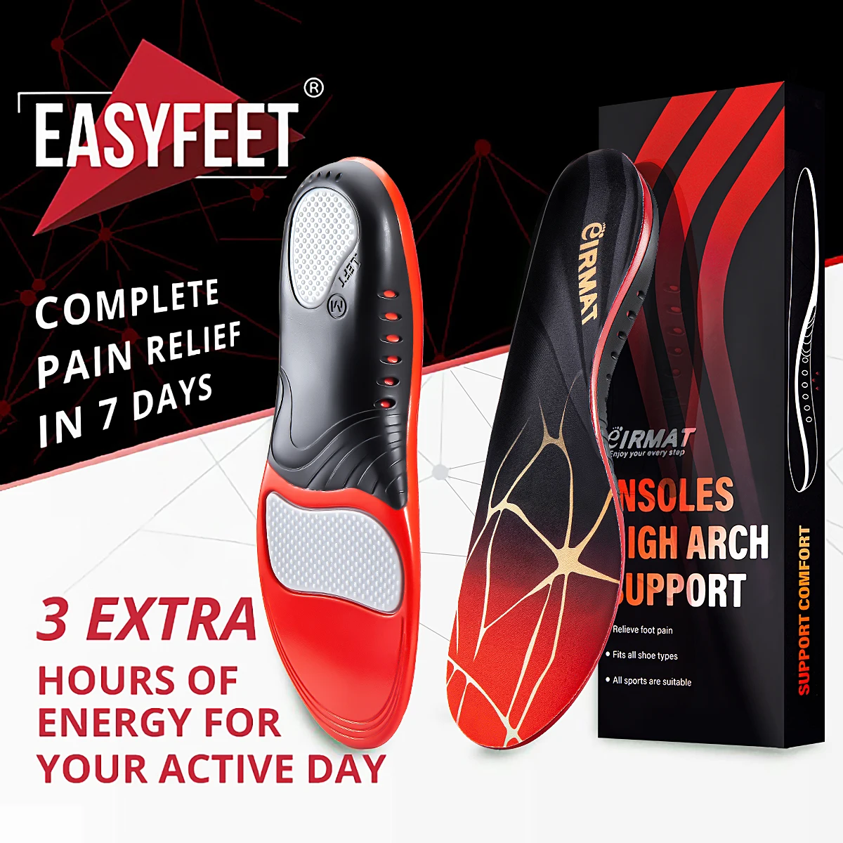 Sport Orthopedic Insoles 1 Pair Premium PU Gel Shock Absorption Breathable Sole Pad Arch Support Feet Pain Care